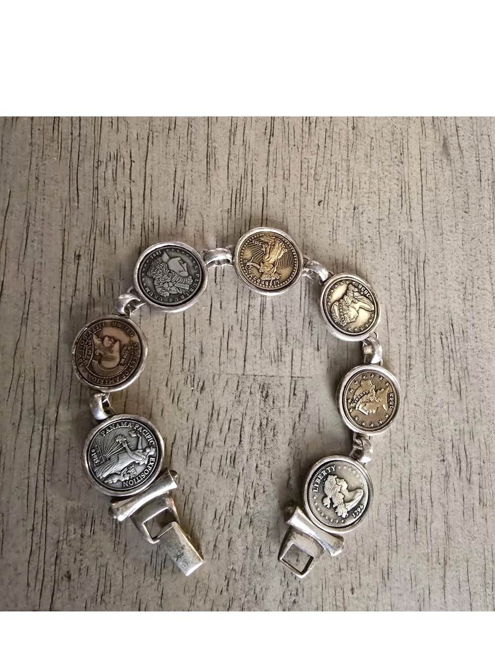 VINTAGE Sterling Silver Link Bracelet Replica Coins